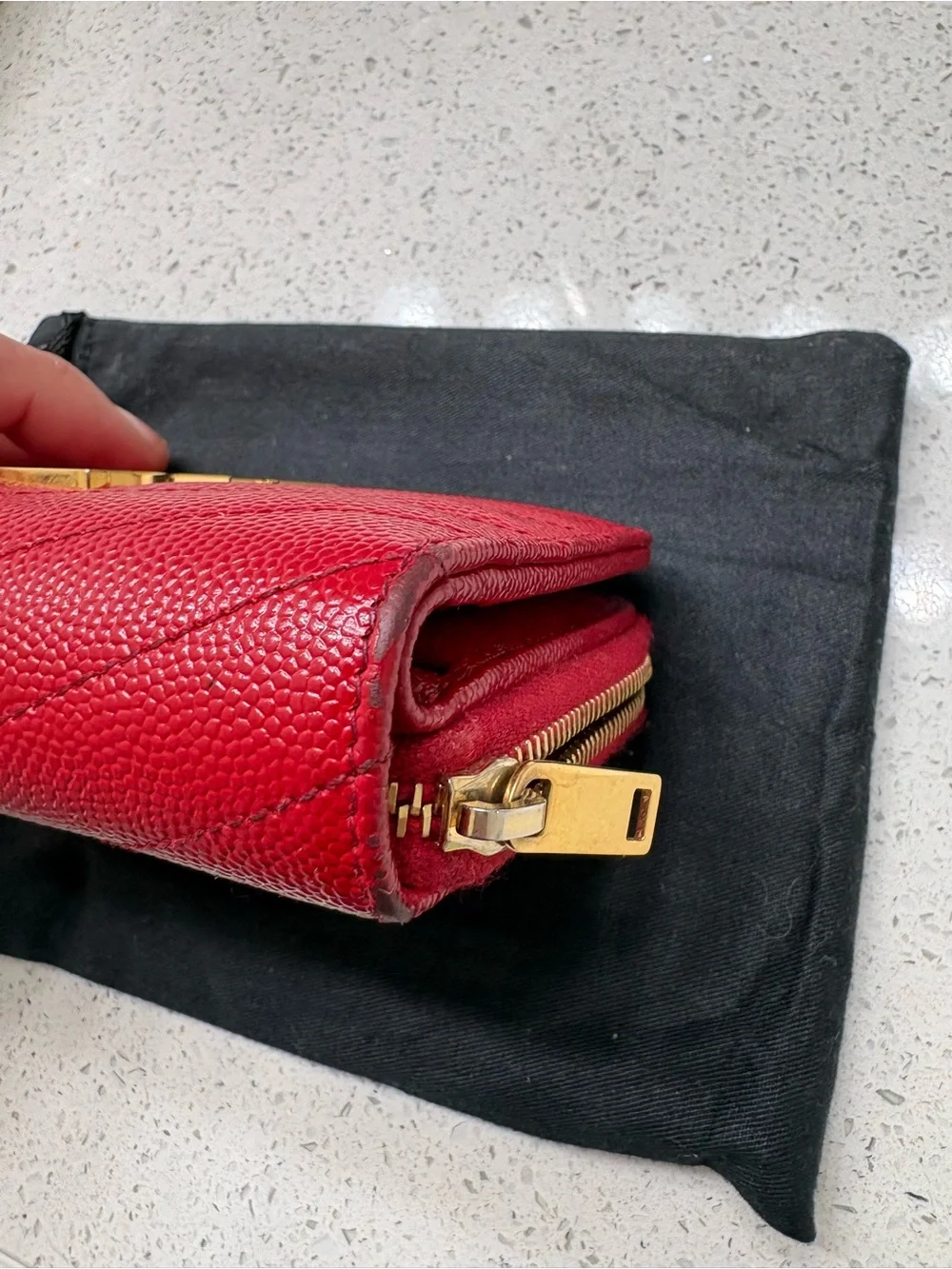 Yves Saint Laurent Red Quilted Zip Wallet with Gold YSL Logo